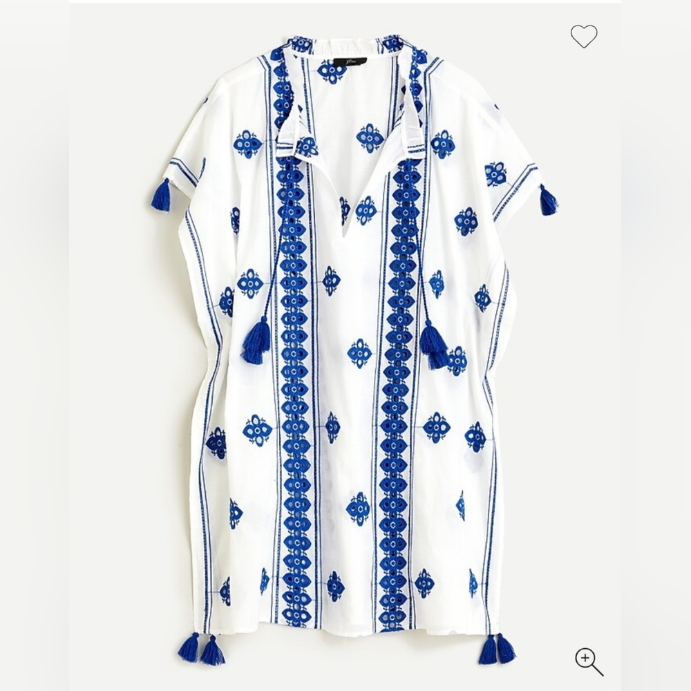 J. Crew Embroidered Tassel White and Blue Tunic Size Small
